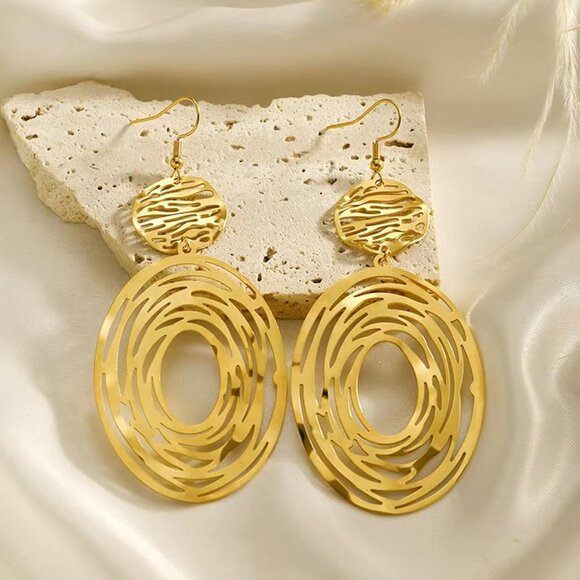 Big Gold Hollow Out Boho Geometric Hook Statement Gold Hoop Dangle Earrings - Picture 7 of 8